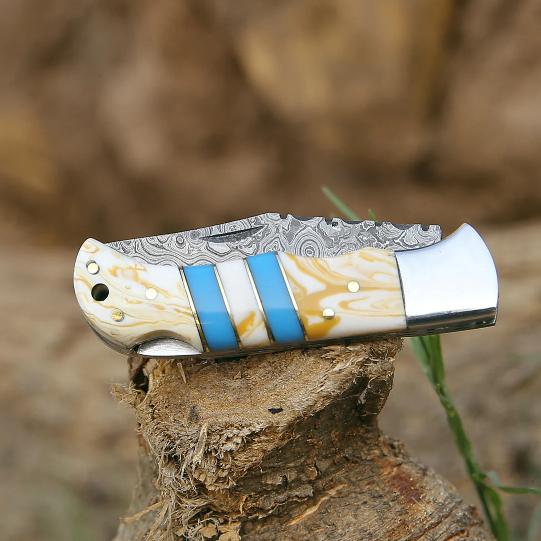 RESIN HANDLE DAMASCUS POCKET KNIFE || DRS KNIVES HUB