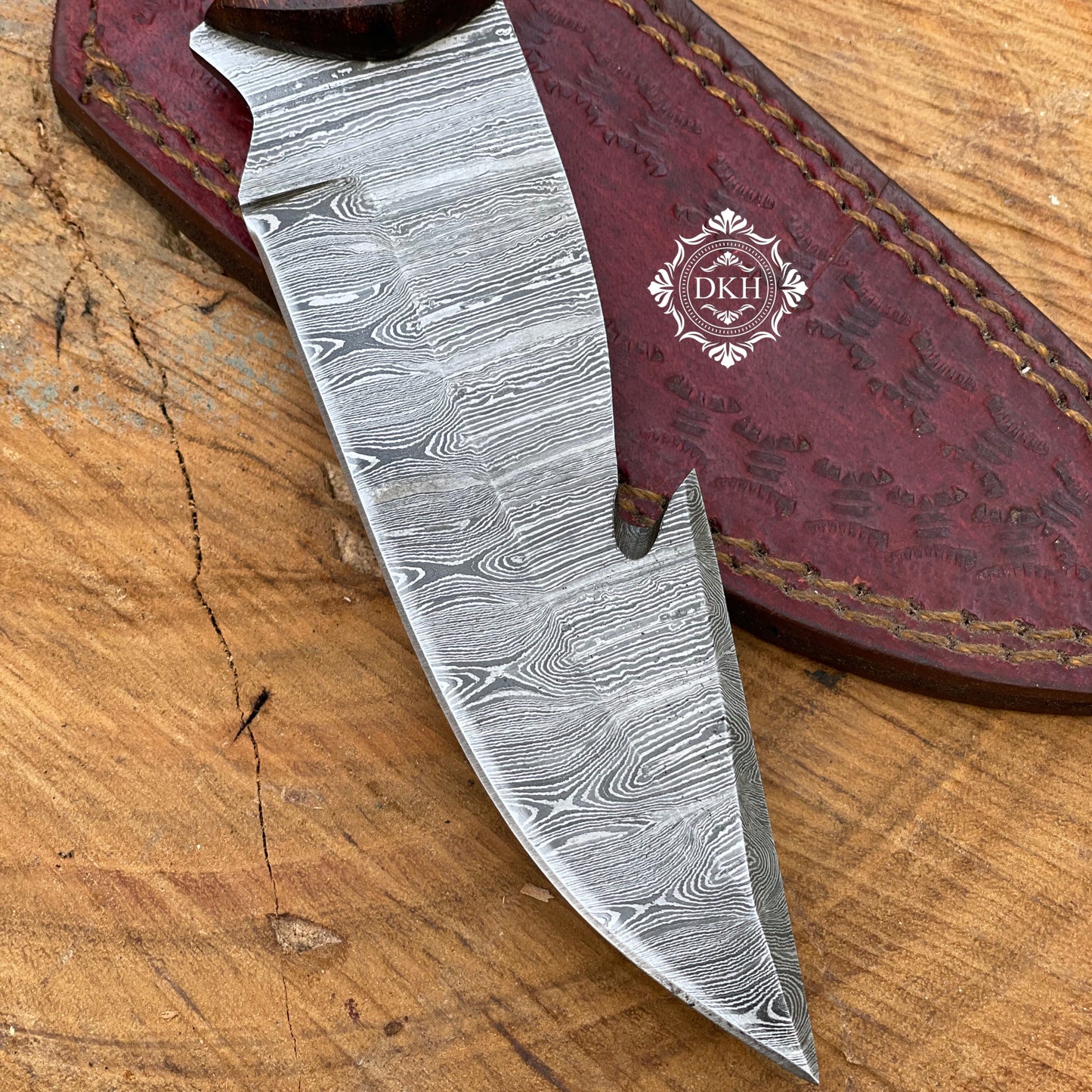 Hand Forged Damascus Steel Gut Hook Hunting Knife