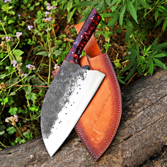 Hand-Forged Meat Cleaver with Resin Handle and Leather Sheath – Durable Resin Handle Chopper Knife