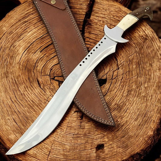 21.5” Custom Hand-Forged Damascus Steel Bowie Knife – Big Hunting & Bushcraft Knife with Leather Sheath | DRSKNIVES HUB