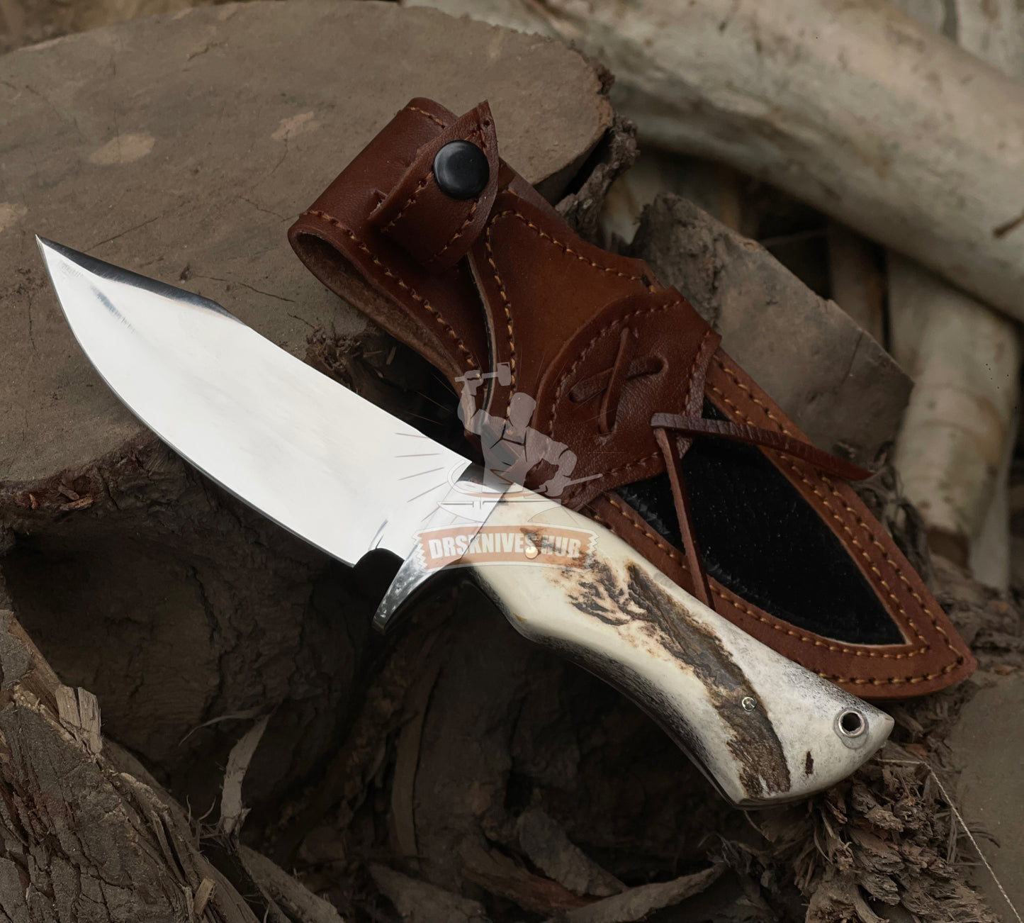 Handmade D2 Steel Hunting Knife: Stag Horn Handle, Leather Sheath