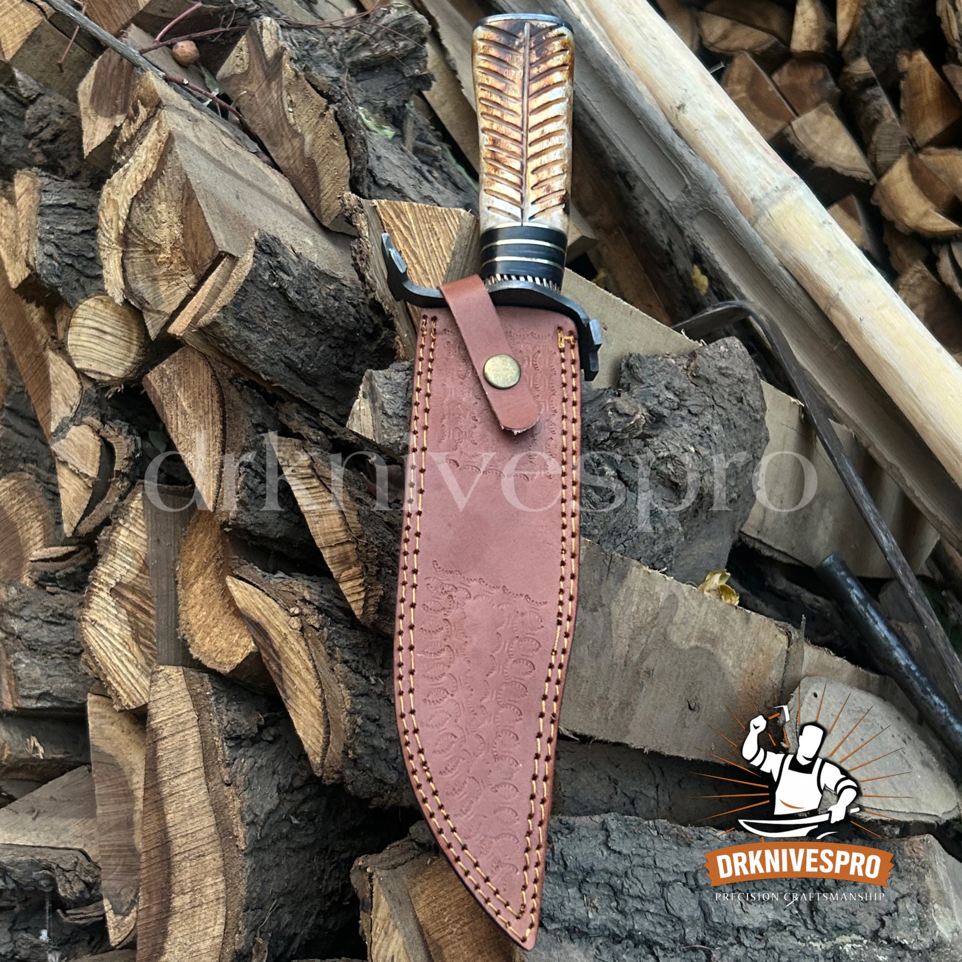 14” Custom Handmade Damascus Steel Bowie Knife – Fire Bone Handle with Leather Sheath | DRSKNIVES HUB