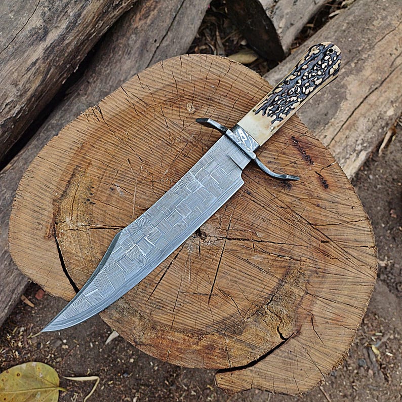Bowie Knife Custom Handmade Damascus Steel Blade Hunting , Bowie Knife Antler Horn Handle With Leather Sheath Cover