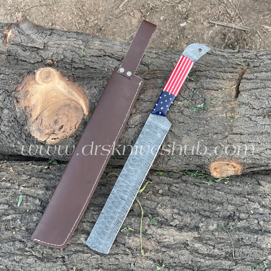 Brisket Knife With Leather Cover Custom Made Damascus Steel Blade BBQ Knife Bread Knife. Christmas Gift