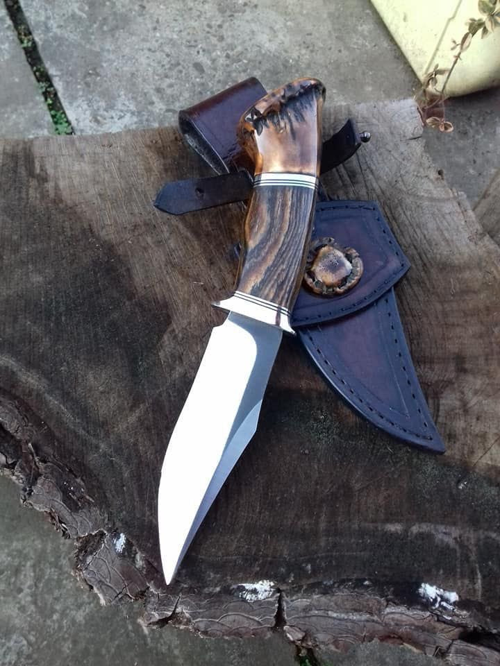 Handcrafted Hunting Knife – Carbon Steel Blade with Antler & Wood Handle, Includes Leather Sheath