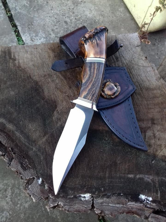 Handcrafted Hunting Knife – Carbon Steel Blade with Antler & Wood Handle, Includes Leather Sheath