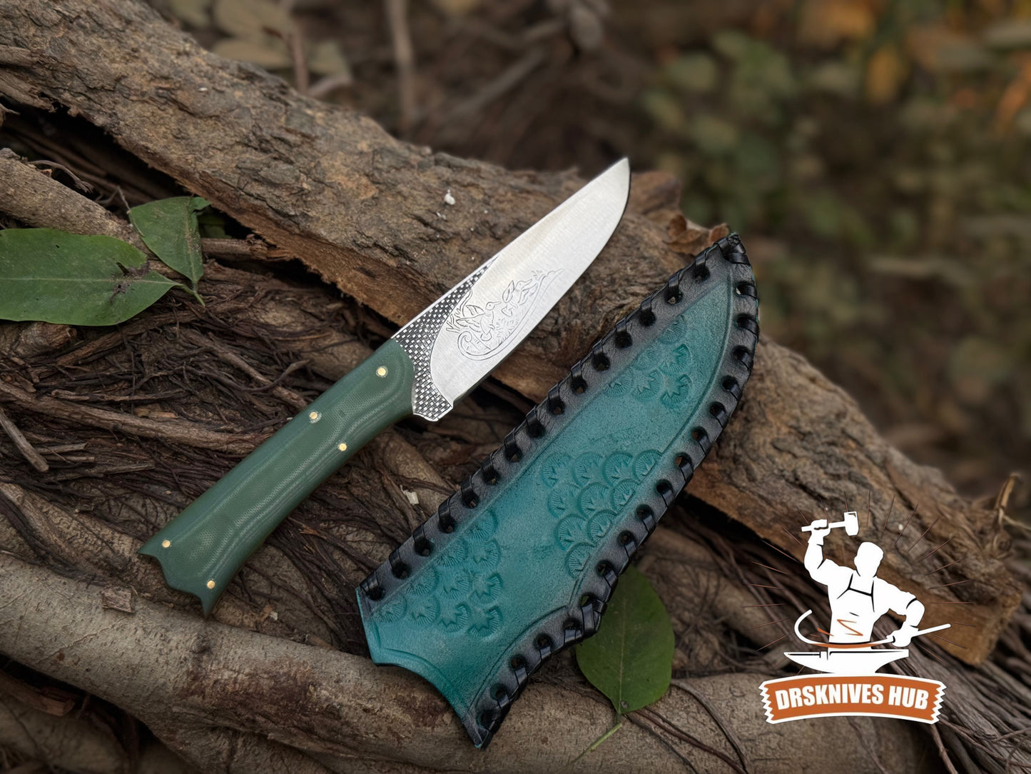Handmade Fixed Blade Knife with Green Micarta Handle & Custom Leather Sheath | DRSKNIVES HUB