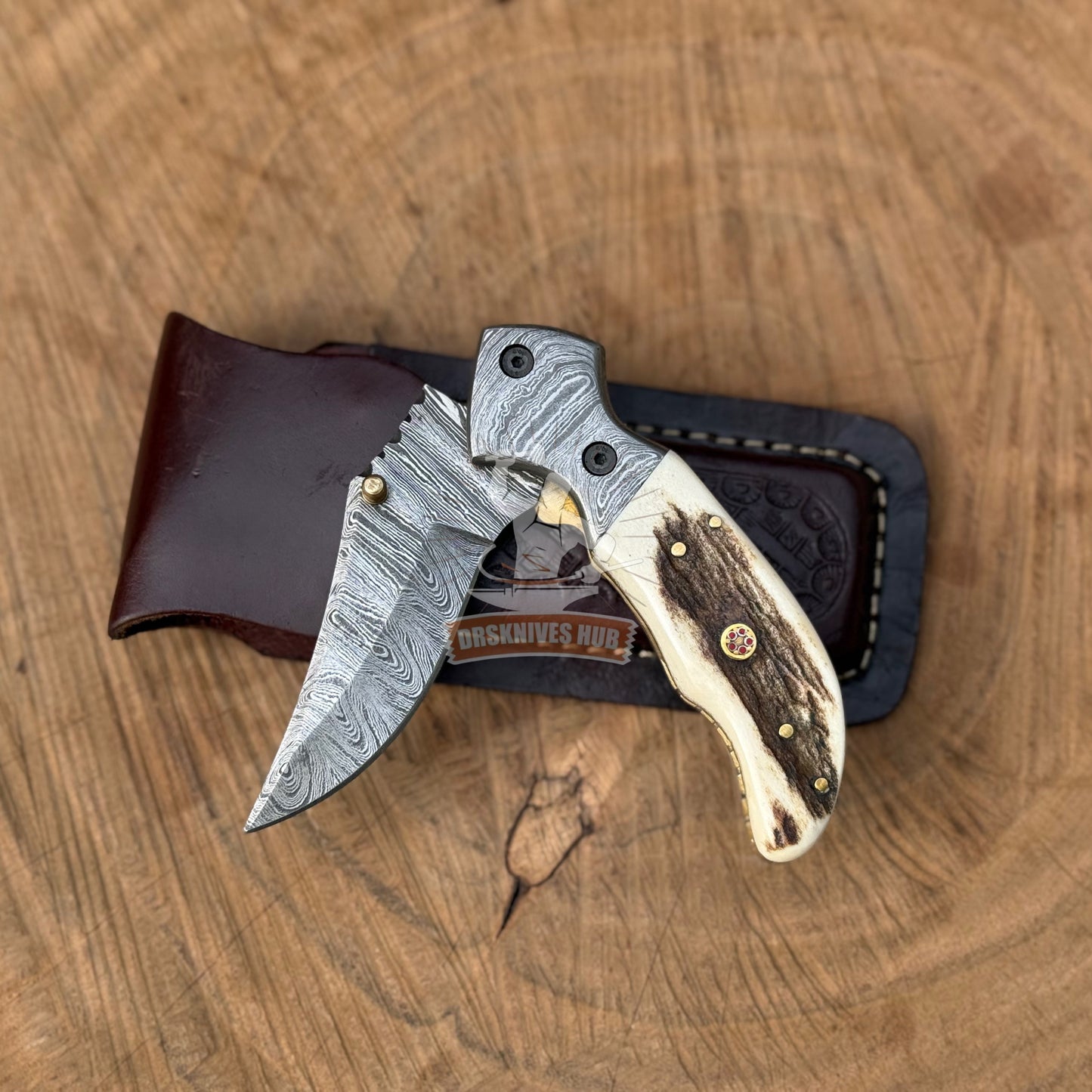 Damascus Folding Pocket Knife Stag Horn Handle With Leather Sheath