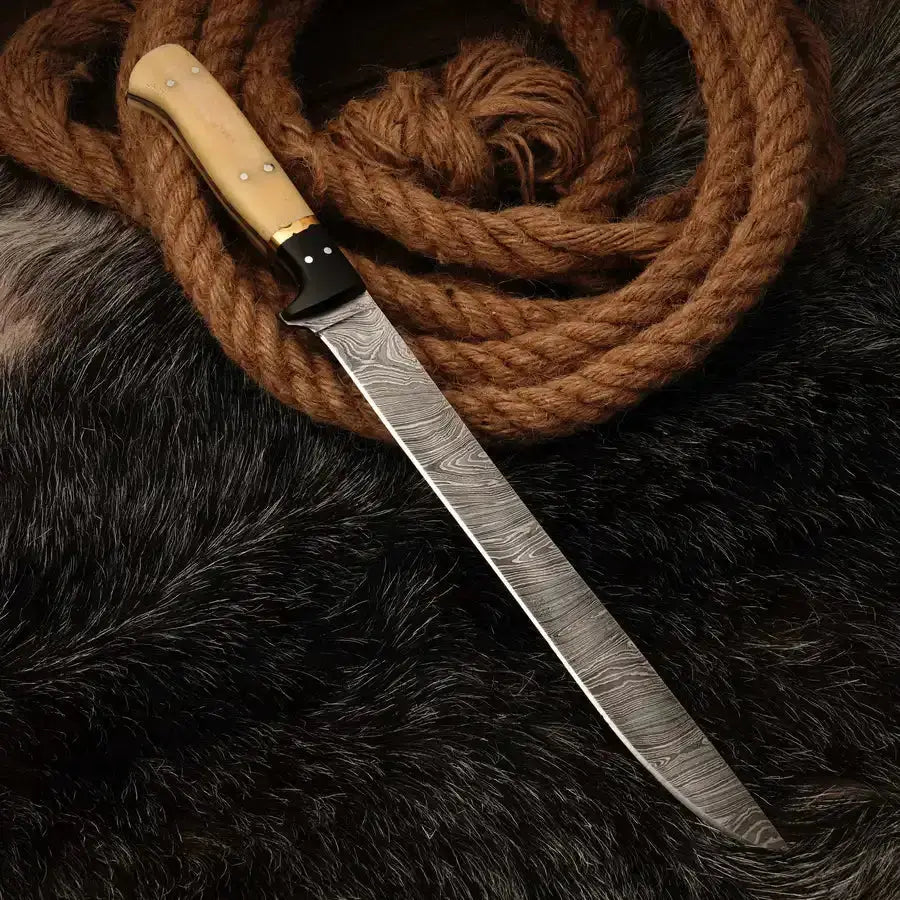 fishing fillet knife custom handmade damascus steel fillet knife with leather wrap || drs knives hub