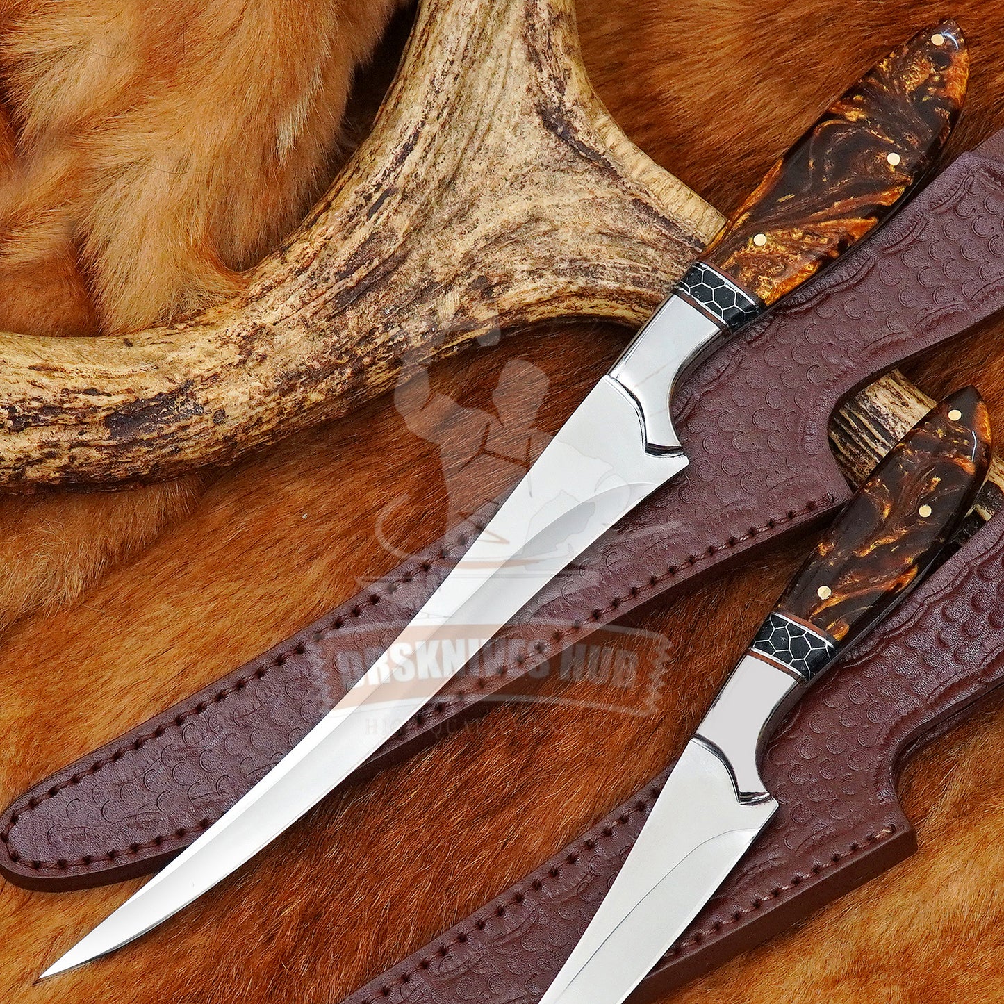Custom Hand Forged Stainless Steel Fishing Fillet  Knife Pair With Leather Cover