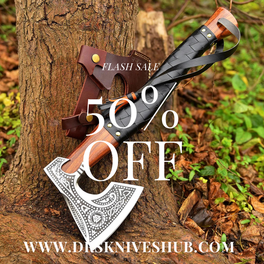 Hand Forged Carbon Steel Engraved Head Axe With Wood And Leather Handle Sheath
