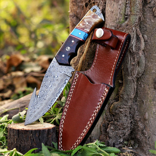 9" Hand Forged Damascus Steel Hunting Knife with Leather Sheath