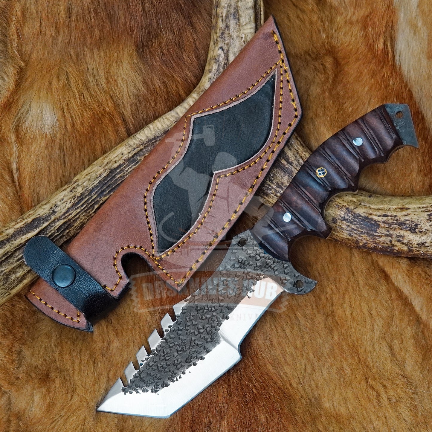 Handmade 1095 Steel Tracker Knife with Natural Wood Handle and Leather Sheath
