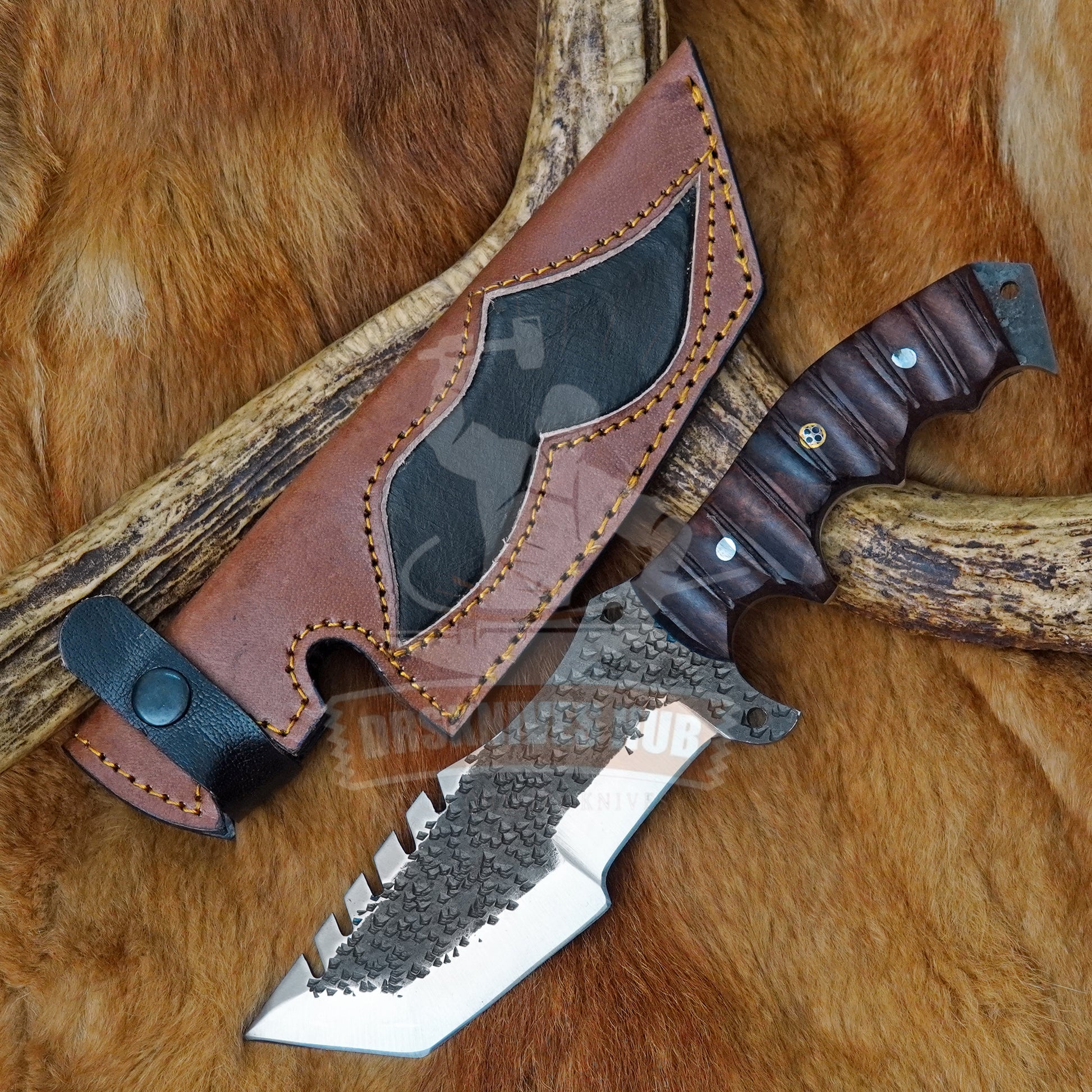 Handmade 1095 Steel Tracker Knife with Natural Wood Handle and Leather Sheath