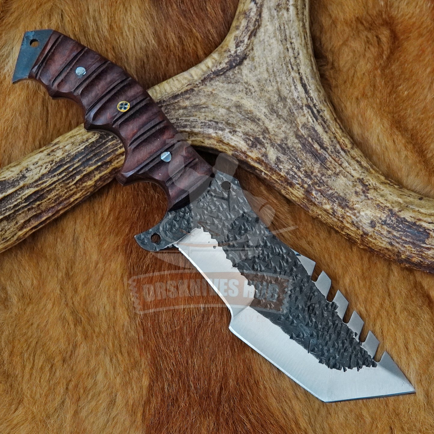 Handmade 1095 Steel Tracker Knife with Natural Wood Handle and Leather Sheath