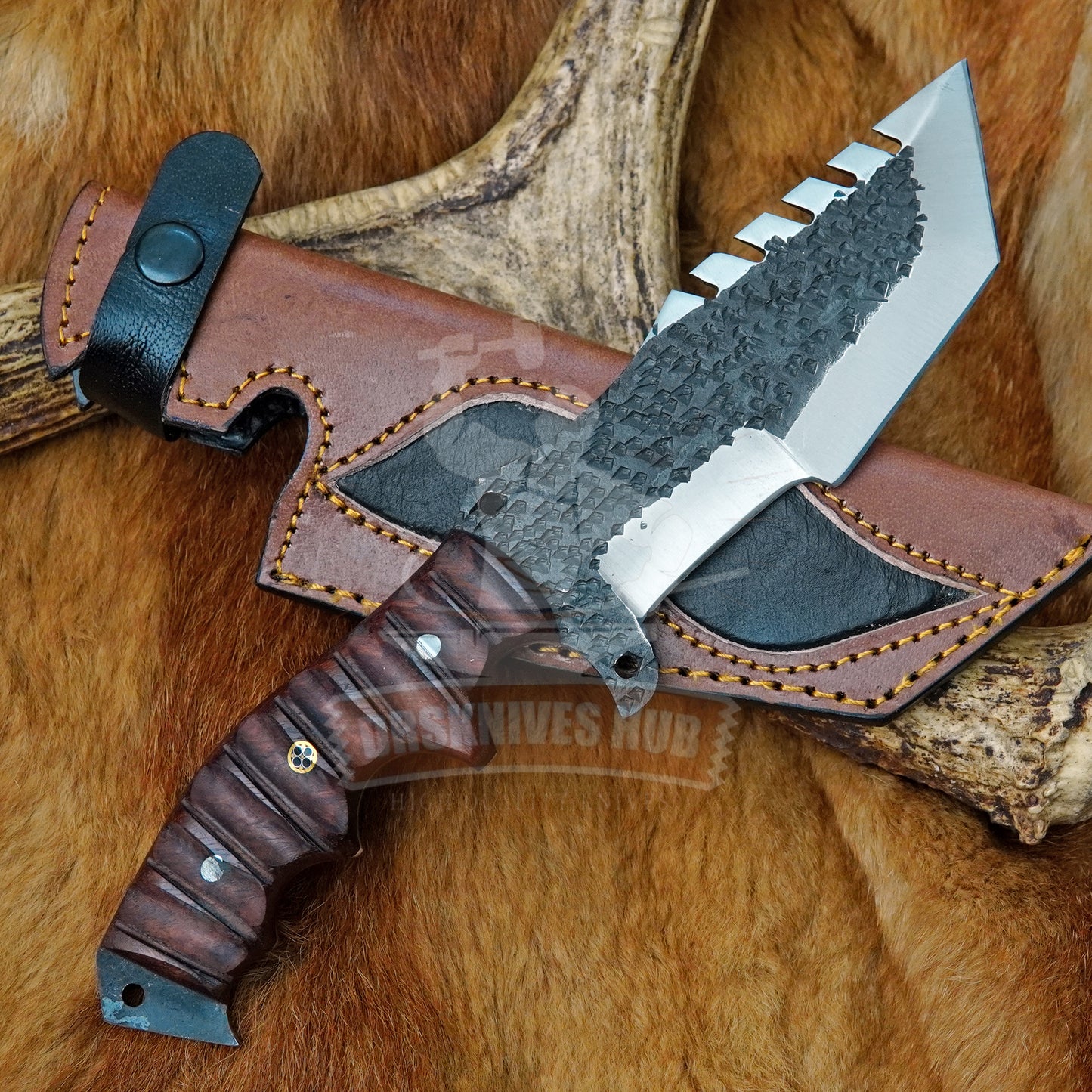 Handmade 1095 Steel Tracker Knife with Natural Wood Handle and Leather Sheath