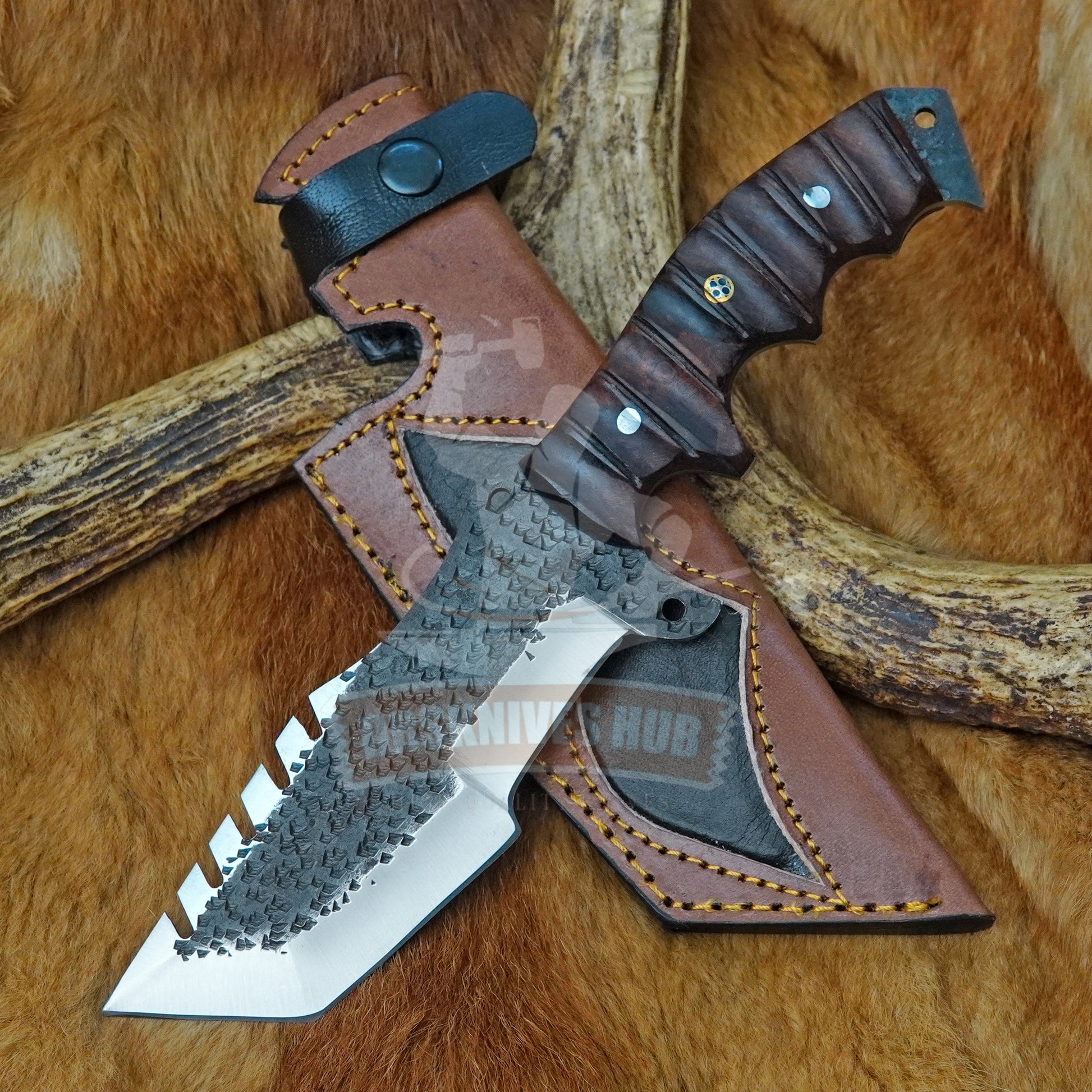 Handmade 1095 Steel Tracker Knife with Natural Wood Handle and Leather Sheath