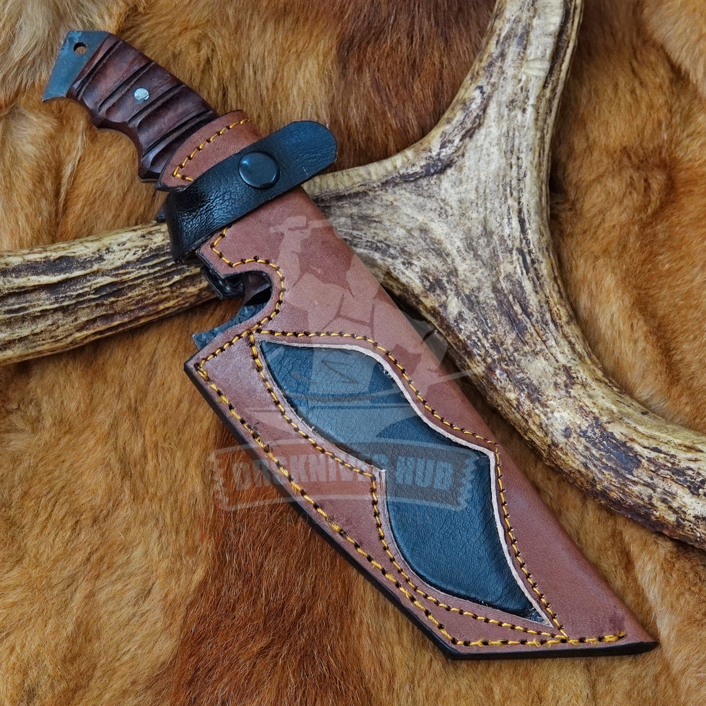 Handmade 1095 Steel Tracker Knife with Natural Wood Handle and Leather Sheath