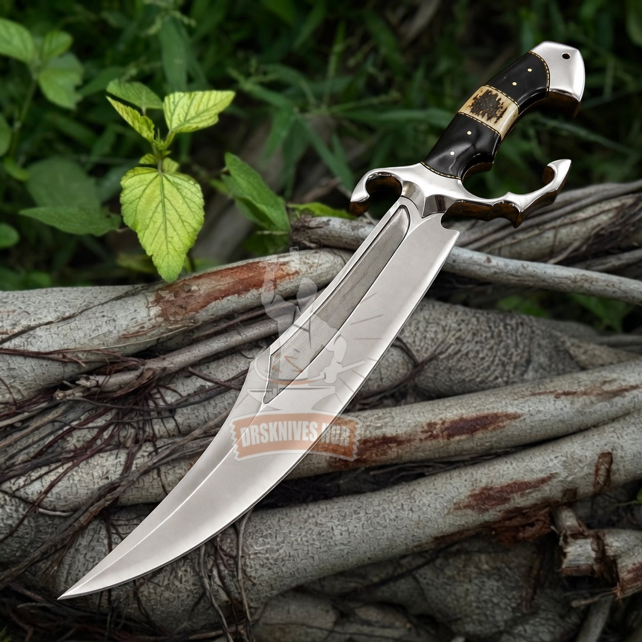 Handmade Bowie Knife with Stag Antler & Bull Horn Handle and Leather Sheath