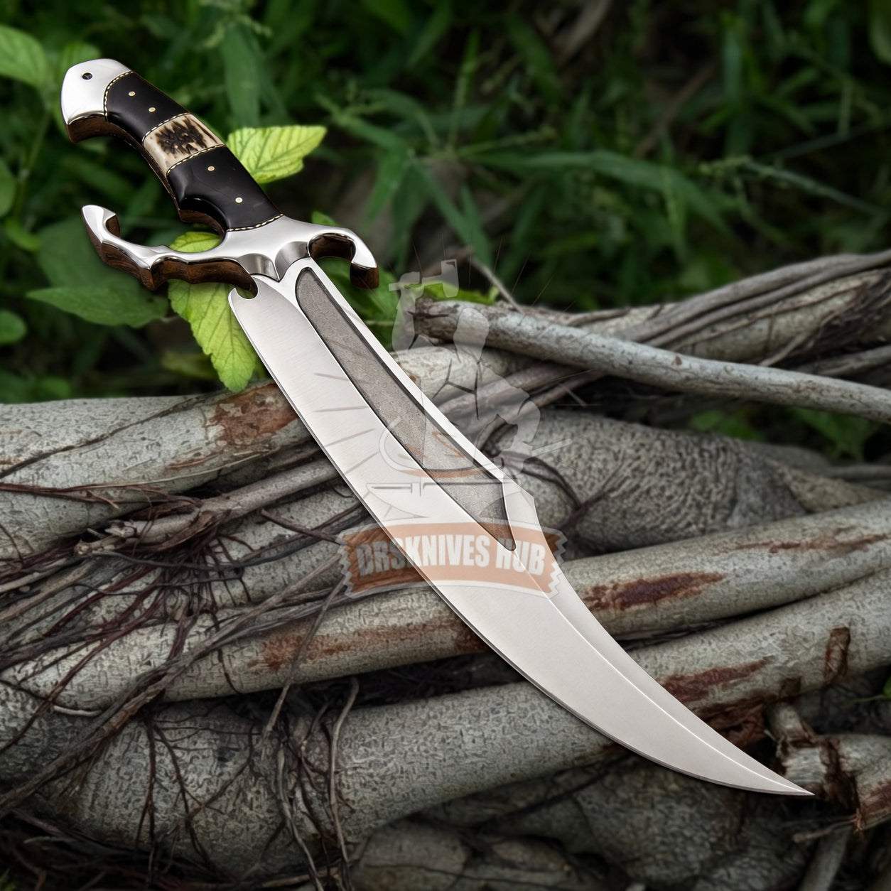 Handmade Bowie Knife with Stag Antler & Bull Horn Handle and Leather Sheath