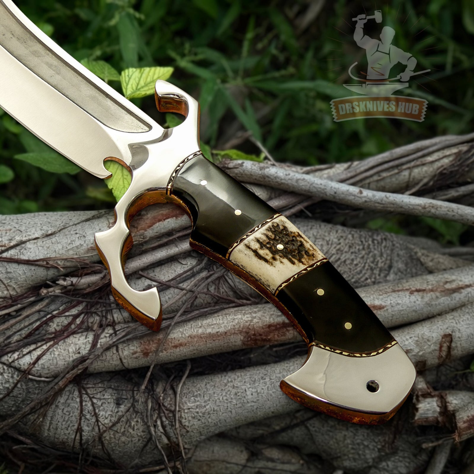 Handmade Bowie Knife with Stag Antler & Bull Horn Handle and Leather Sheath