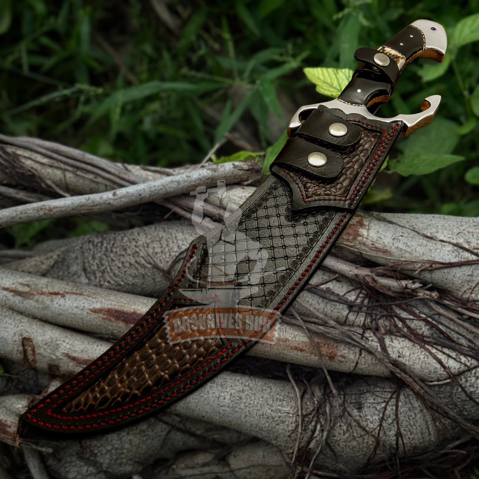 Handmade Bowie Knife with Stag Antler & Bull Horn Handle and Leather Sheath