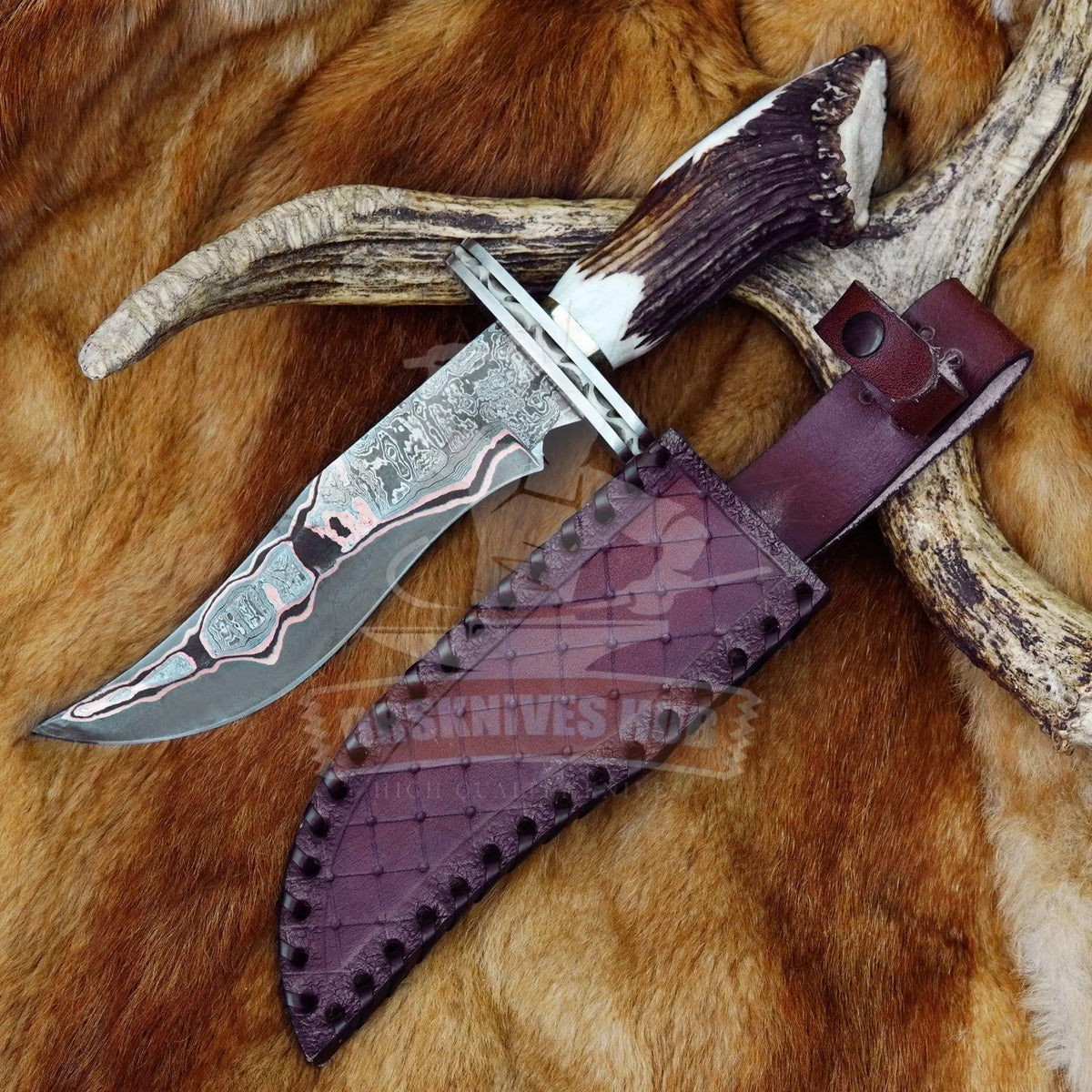 Handmade Copper Damascus Bowie knife 14 inch with stag antler handle and leather sheath