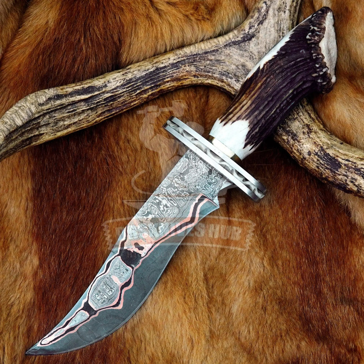 Handmade Copper Damascus Bowie knife with stag antler handle
