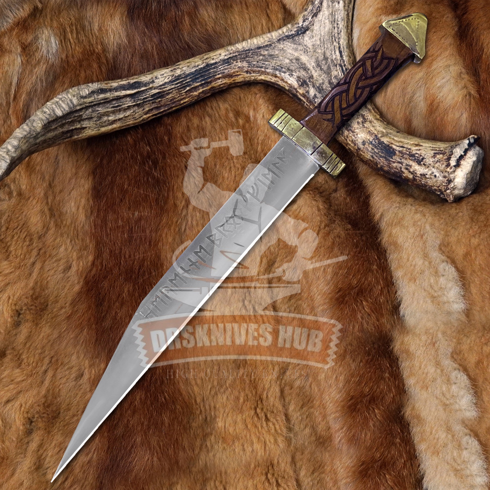 Handmade D2 Steel Seax Knife | Engraved Rosewood Handle | Brass Guard | Leather Sheath 