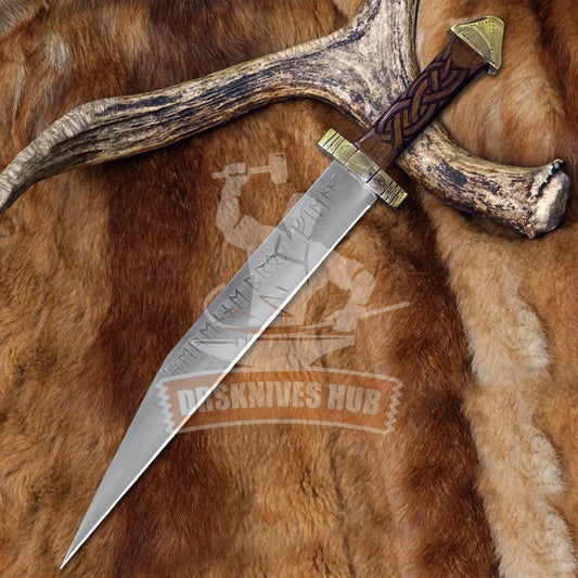 Handmade D2 Steel Seax Knife | Engraved Rosewood Handle | Brass Guard | Leather Sheath 