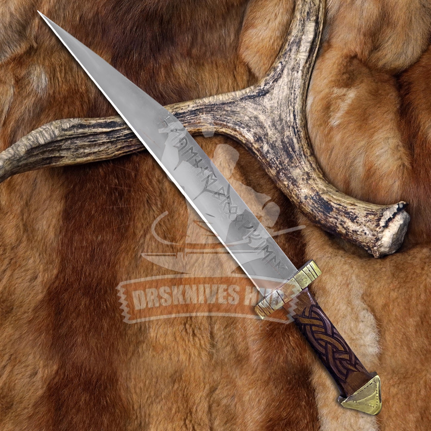 Handmade D2 Steel Seax Knife | Engraved Rosewood Handle | Brass Guard | Leather Sheath 