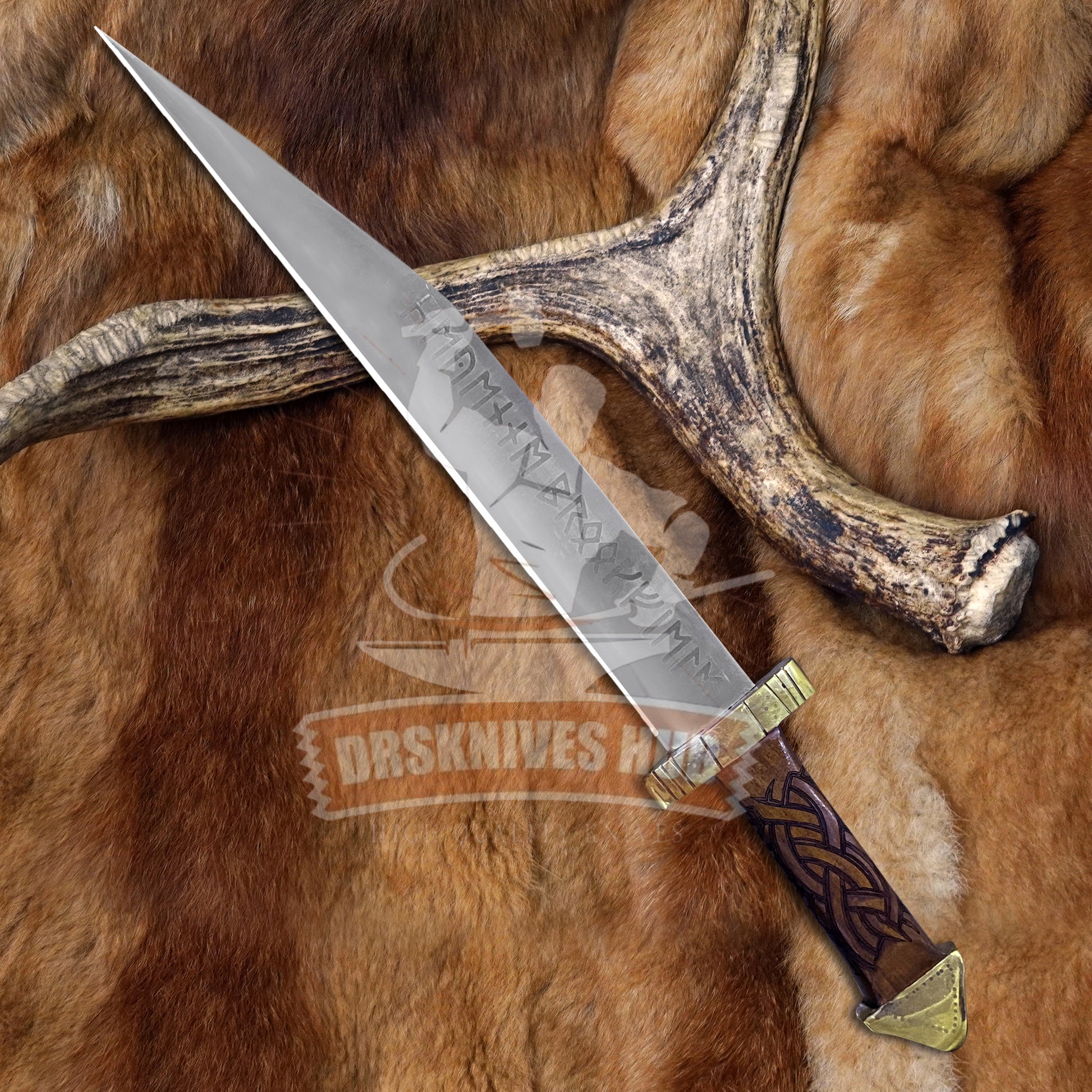 Handmade D2 Steel Seax Knife | Engraved Rosewood Handle | Brass Guard | Leather Sheath 