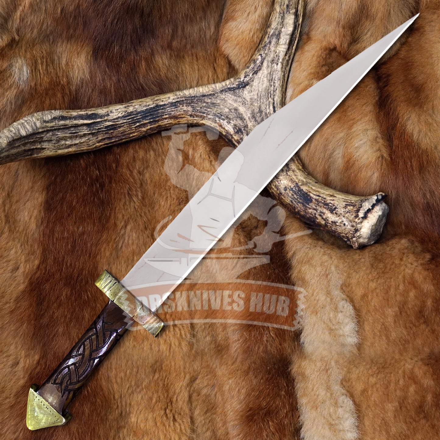 Handmade D2 Steel Seax Knife | Engraved Rosewood Handle | Brass Guard | Leather Sheath 