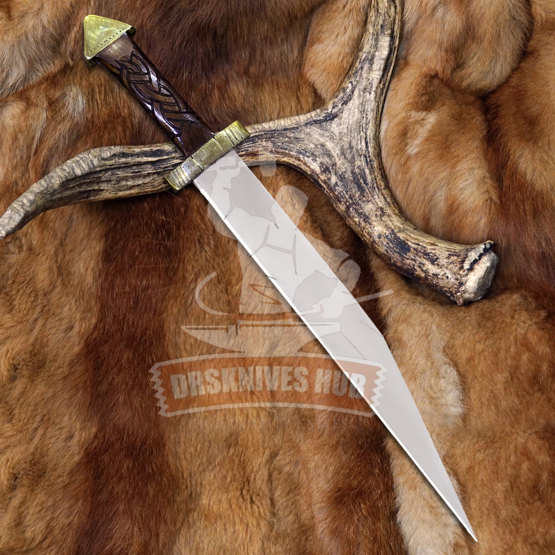 Handmade D2 Steel Seax Knife | Engraved Rosewood Handle | Brass Guard | Leather Sheath 