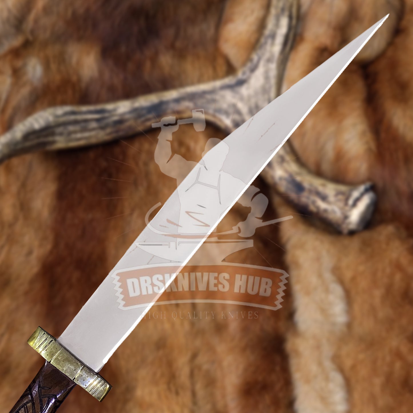 Handmade D2 Steel Seax Knife | Engraved Rosewood Handle | Brass Guard | Leather Sheath 