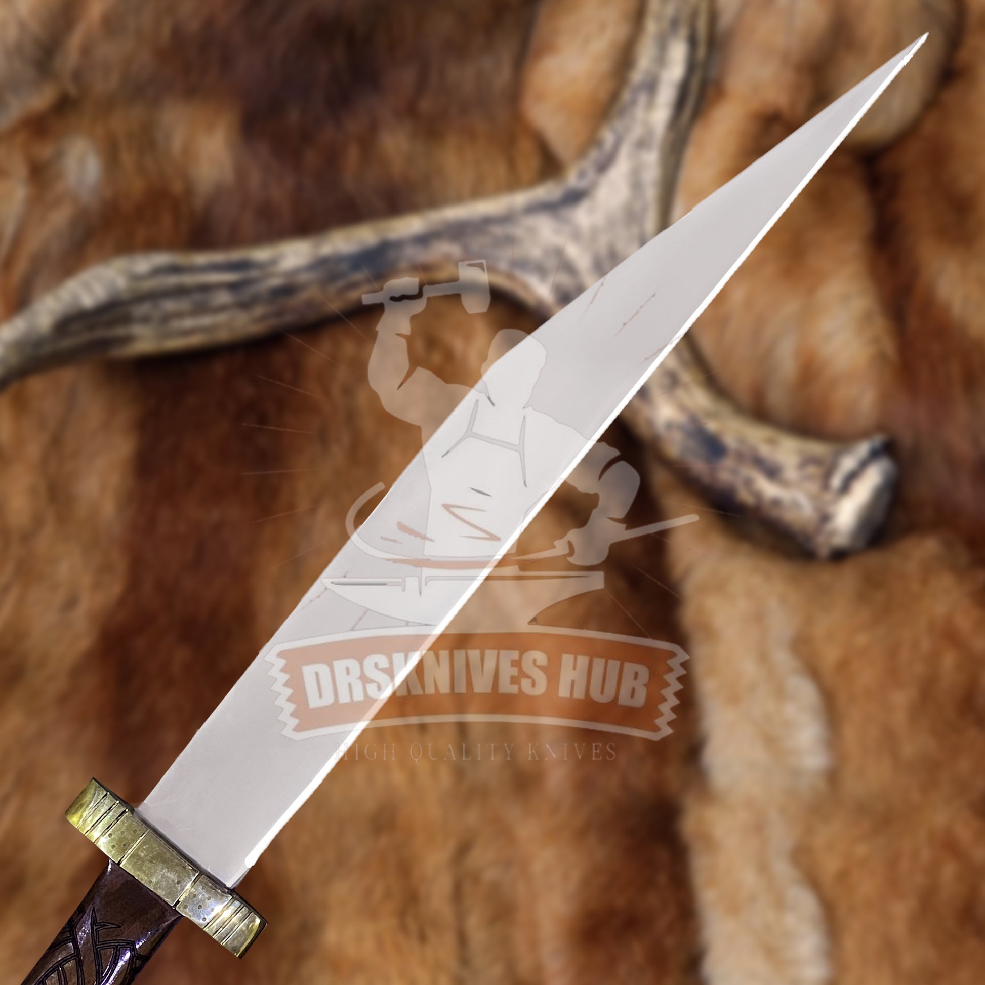Handmade D2 Steel Seax Knife | Engraved Rosewood Handle | Brass Guard | Leather Sheath 