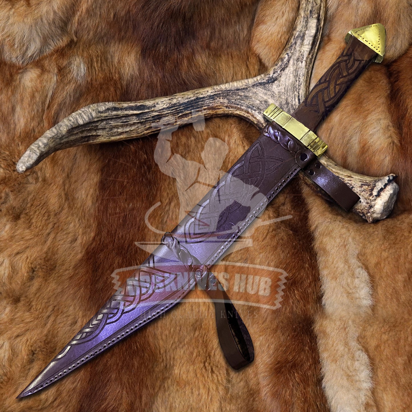 Handmade D2 Steel Seax Knife | Engraved Rosewood Handle | Brass Guard | Leather Sheath 