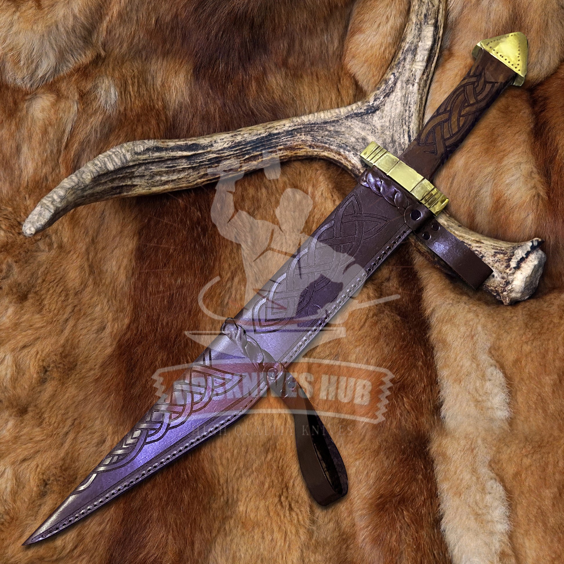 Handmade D2 Steel Seax Knife | Engraved Rosewood Handle | Brass Guard | Leather Sheath 