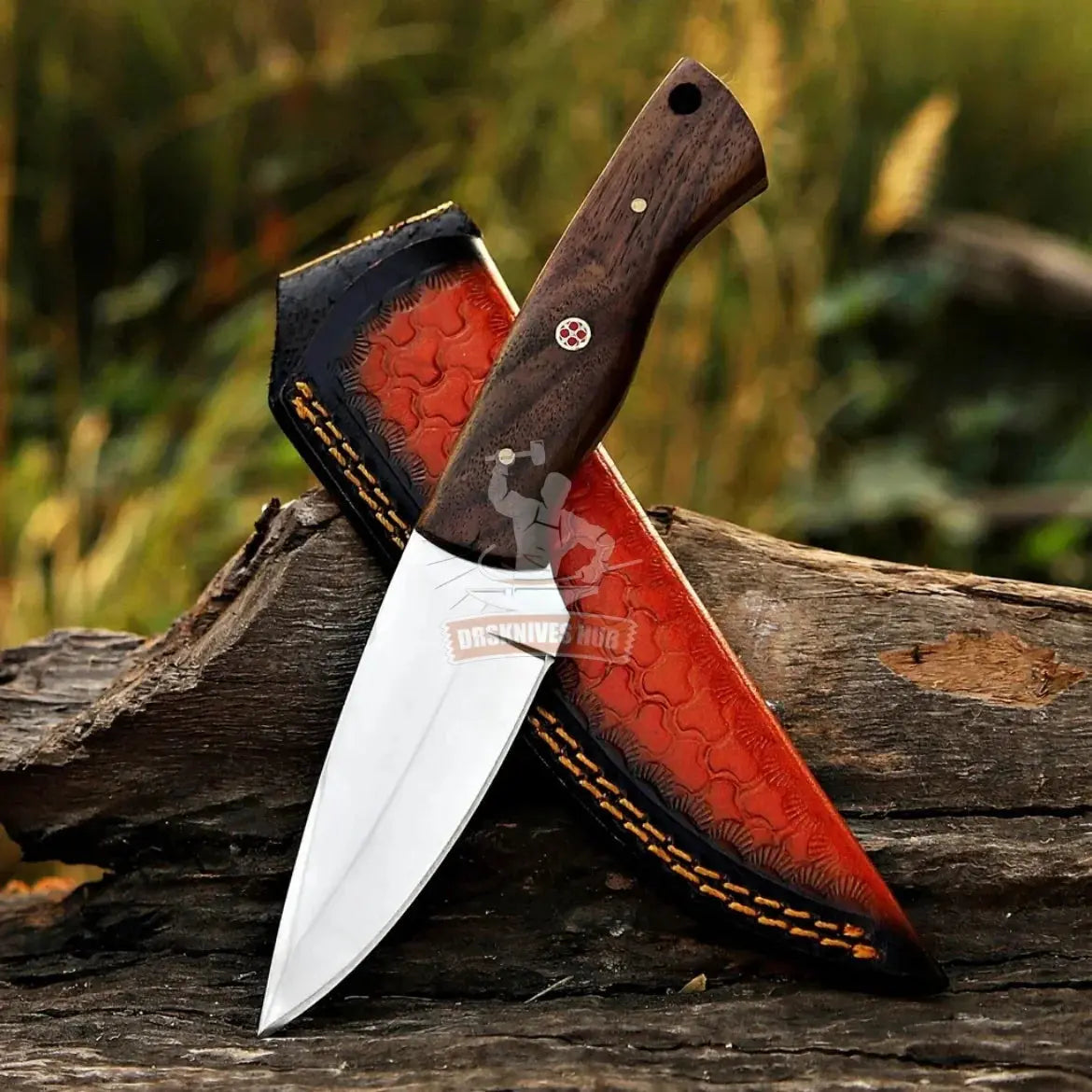 Handmade D2 steel skinner knife with rosewood handle and leather sheath