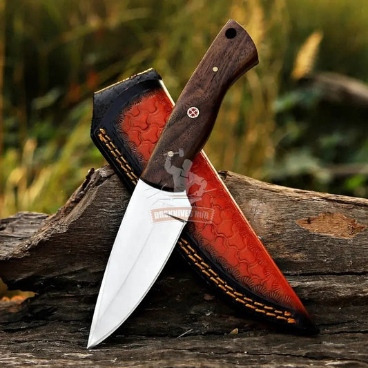 Handmade D2 steel skinner knife with rosewood handle and leather sheath