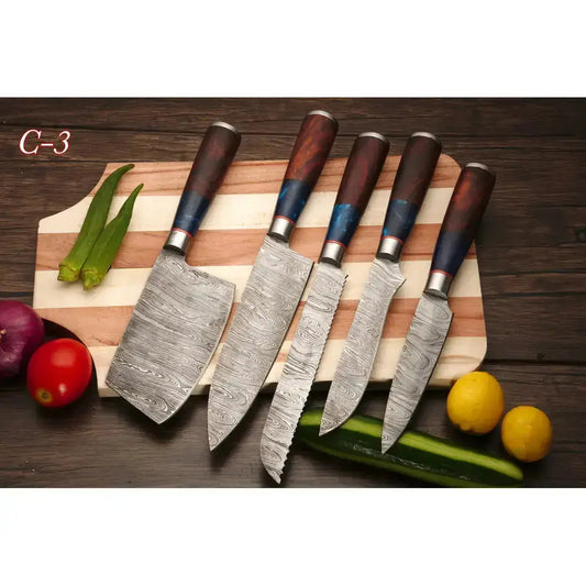 Premium chef knife collection Hand Forged Damascus Steel Chef Set With Leather Cover || Drs Knives Hub
