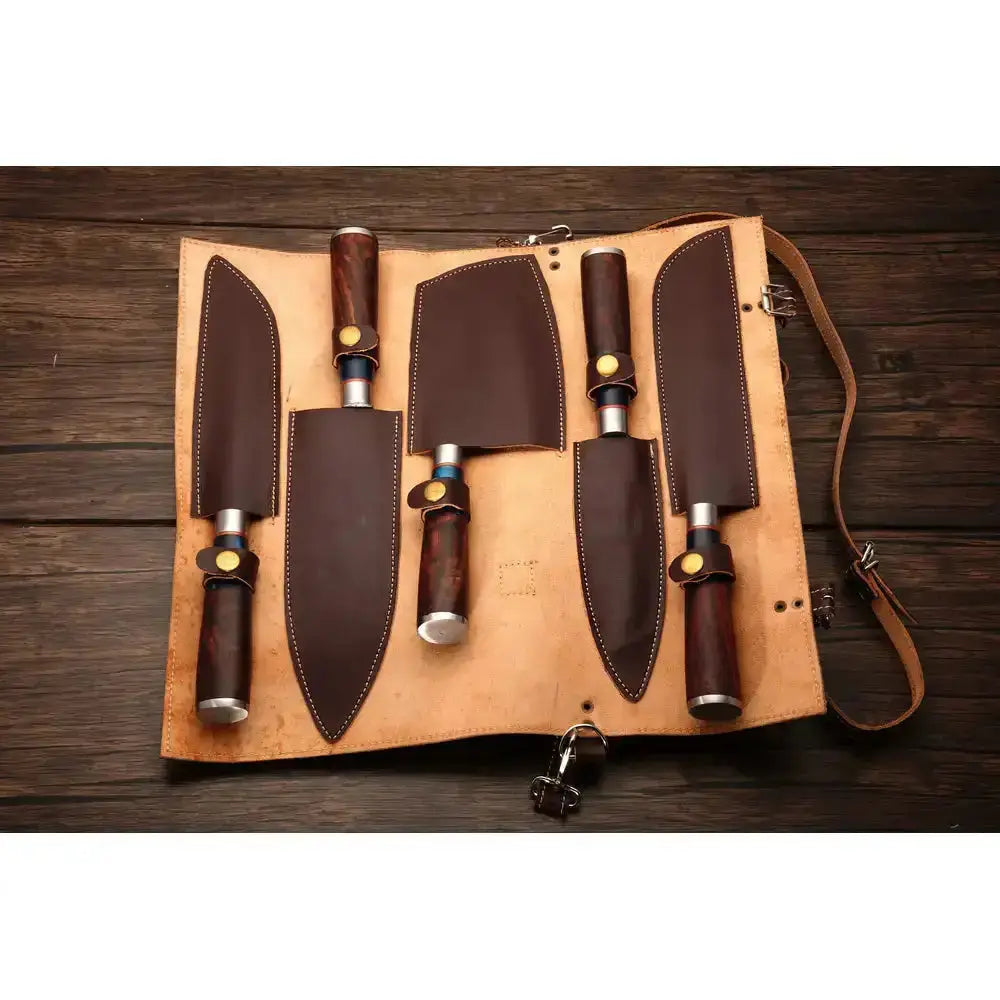 Premium chef knife collection Hand Forged Damascus Steel Chef Set With Leather Cover || Drs Knives Hub