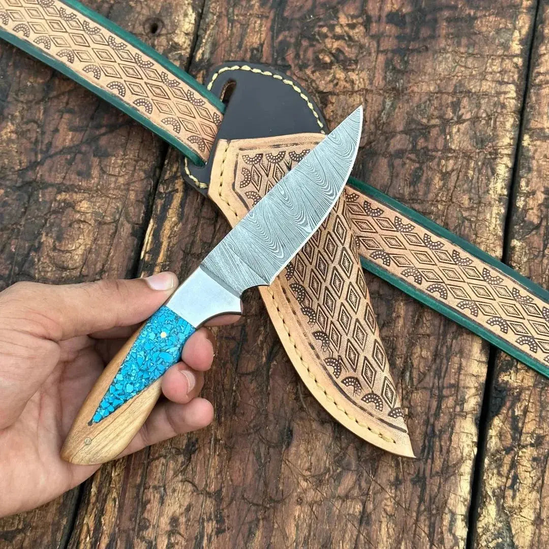Handmade Damascus skinner knife with turquoise stone handle detailed view