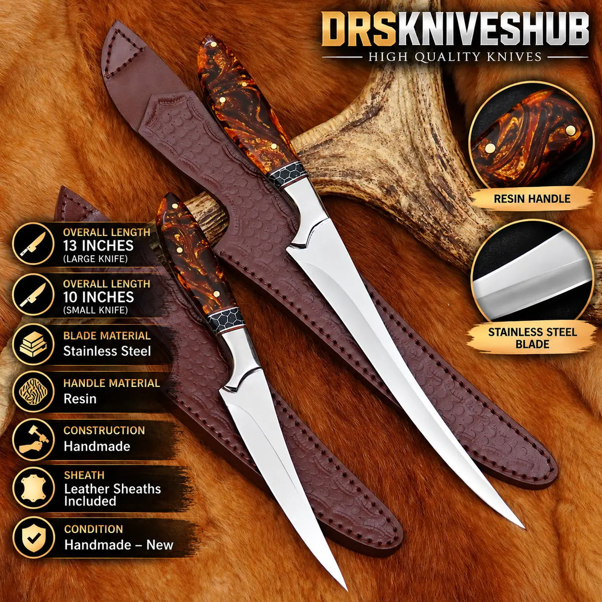 Handmade Stainless Steel Fishing Fillet Knife Set – 13" & 10" | Resin Handles DRSKNIVES HUB