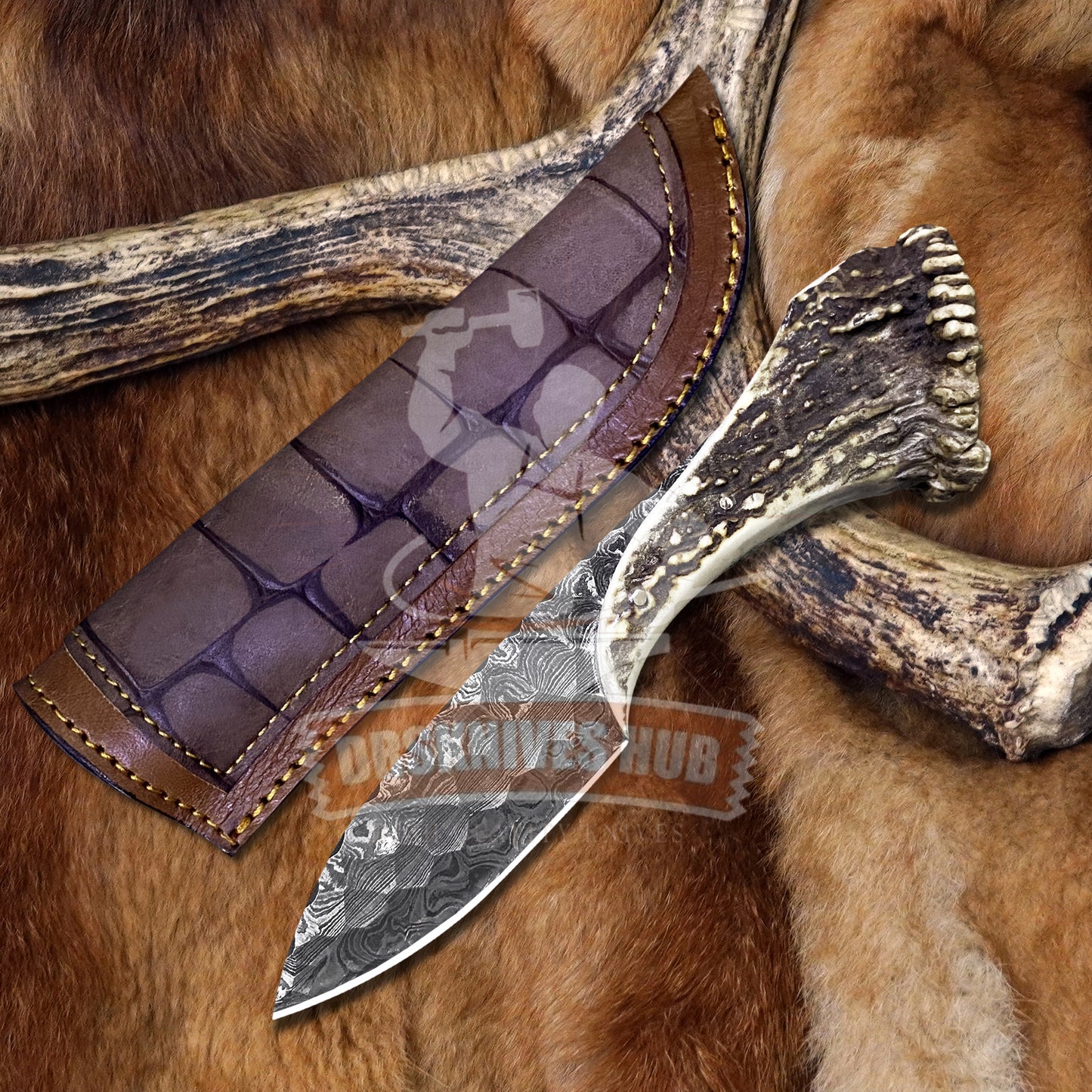 Handmade Viking Hunting Knife Stone Textured Blade Antler Handle | DRSKNIVES HUB