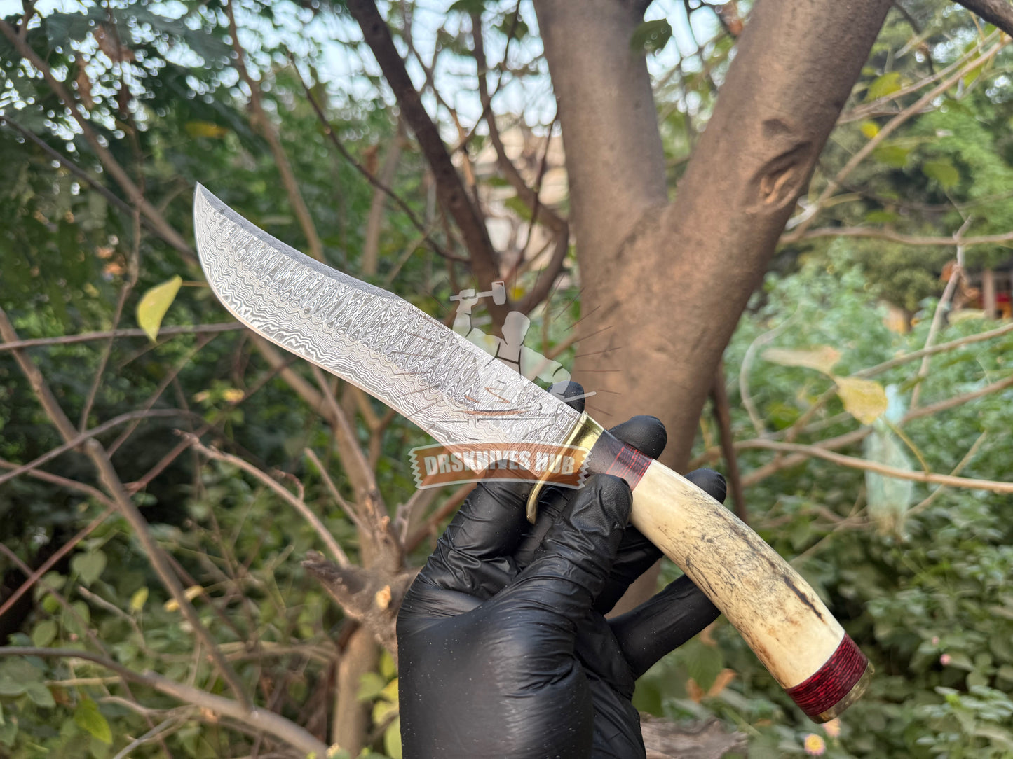 Handmade Damascus Hunting Knife with Stag Antler Handle Custom Bowie Knife | DRSKNIVES HUB 