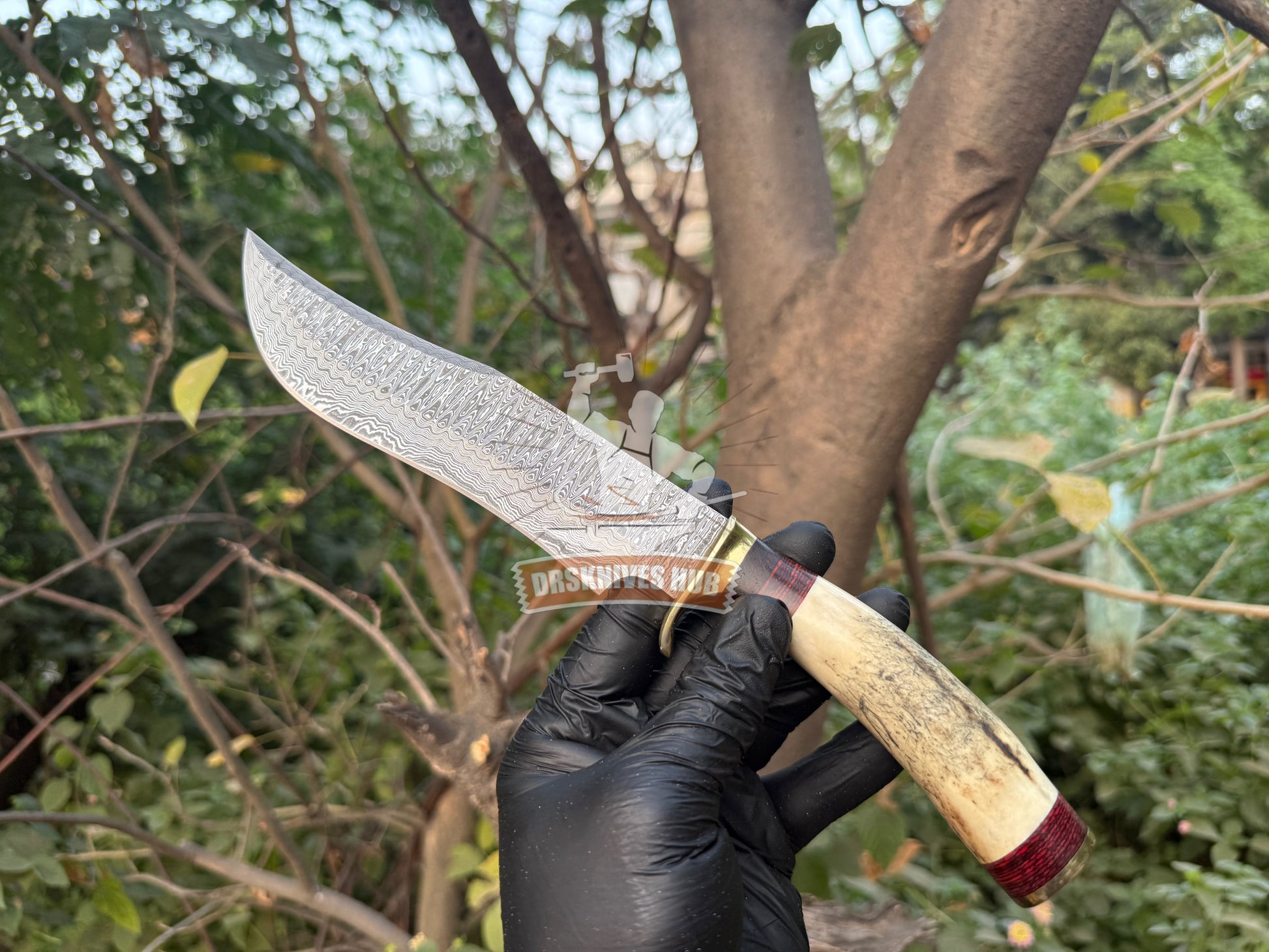 Handmade Damascus Hunting Knife with Stag Antler Handle Custom Bowie Knife | DRSKNIVES HUB 