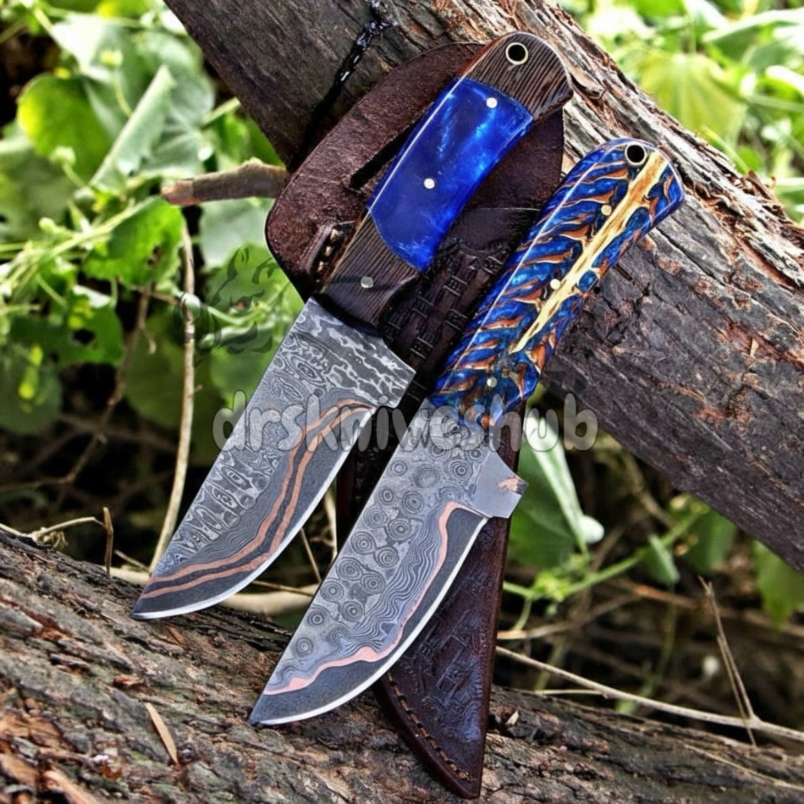 Copper Damascus Skinner Knife With Bone Handle And Leather Sheath