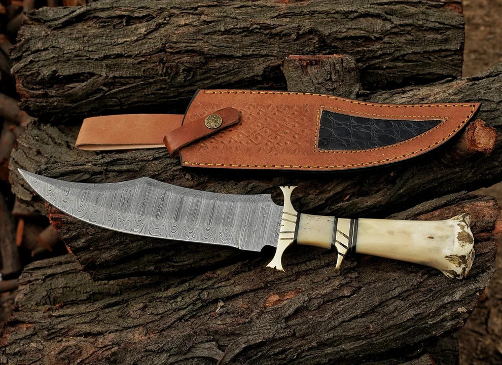 Camel Bone Handle Handmade Damascus Steel Blade Hunting ,Bowie Knife With Leather Sheath Cover