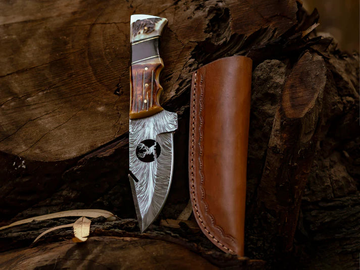 Hand-Forged Damascus Steel Skinner Knife with Natural Bone & Wood Handle With Leather Sheath Cover